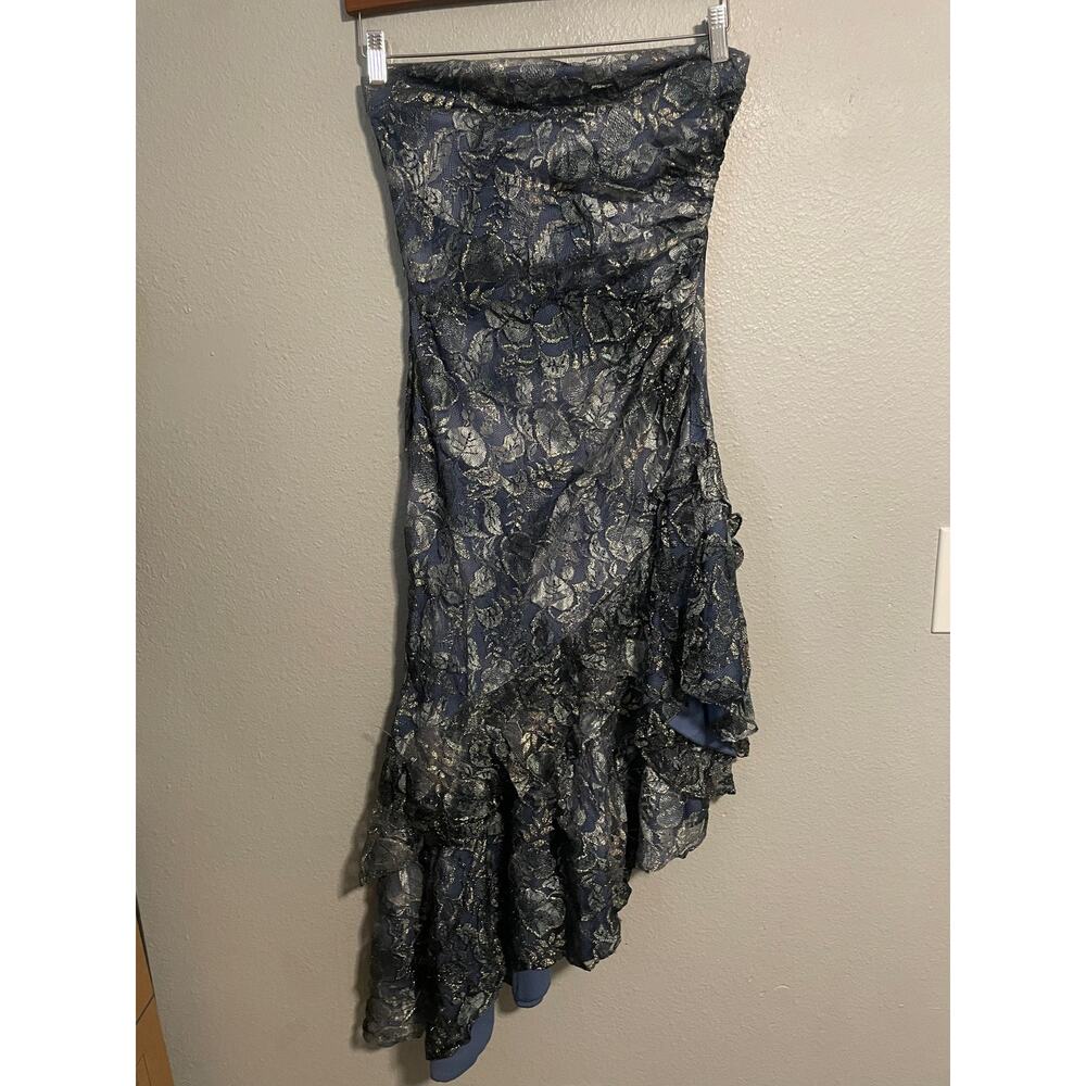 VTG Fanny Dress Womens Large Blue Lace Floral Ruffle Hem Strapless Fairy Y2K